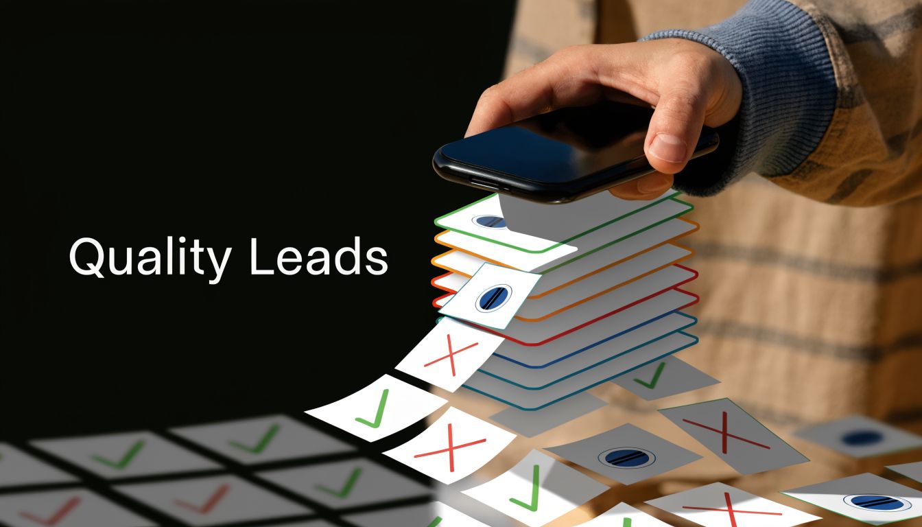 A hand holding a smartphone over a stack of digital lead cards with checkmarks and x marks.