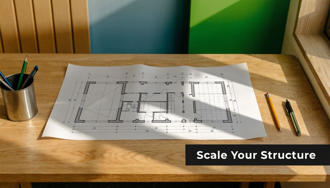 A detailed architectural floor plan layout sits on a wooden desk with office supplies nearby.