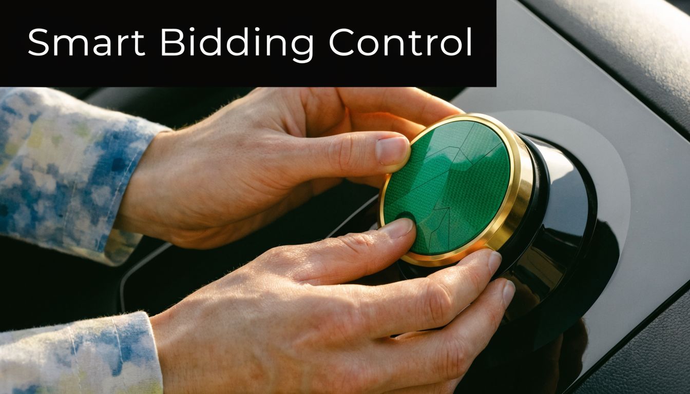 A person adjusting a green circular digital control knob representing smart bidding control for Google Ads.