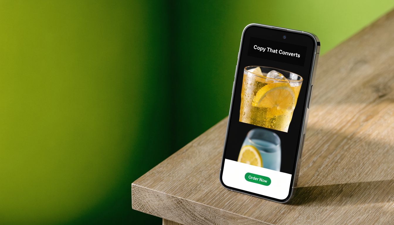 A smartphone on a wooden desk displaying a screen for a digital advertising marketing concept.