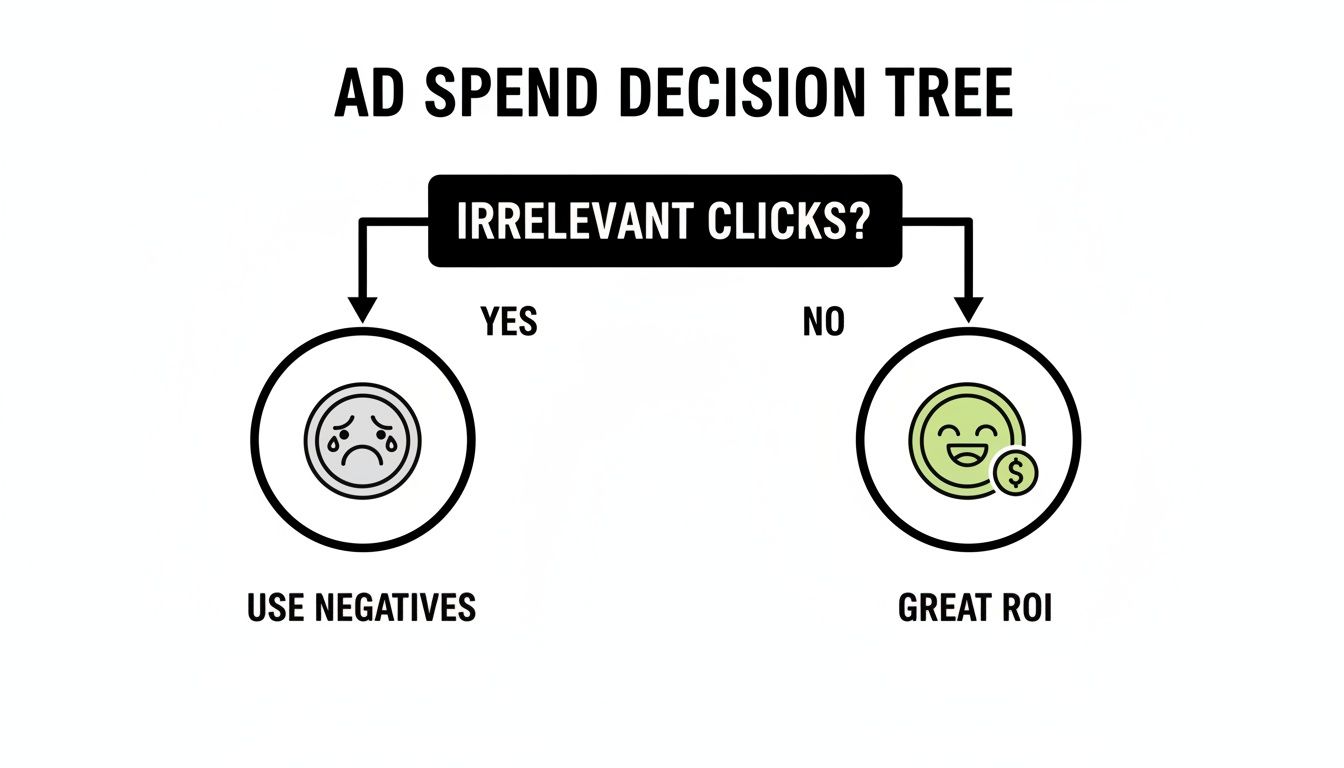 Ad spend decision tree diagram. If 'Irrelevant Clicks?' are 'Yes', use negatives, otherwise 'No' means great ROI.