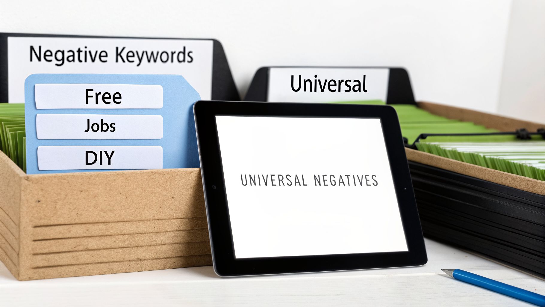 Negative keywords strategy shown with folders for 'Free', 'Jobs', 'DIY' and a tablet displaying 'Universal Negatives'.