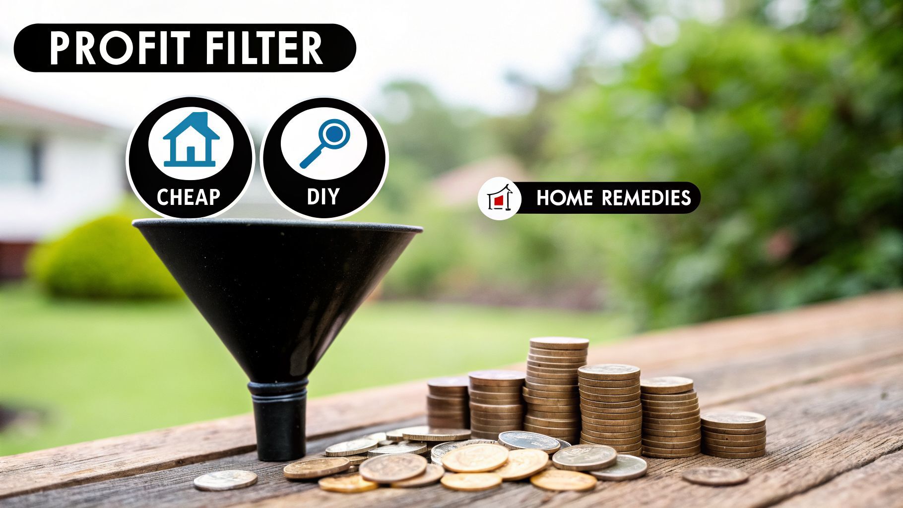 A funnel labeled "Profit Filter" with "Cheap" and "DIY" icons, leading to stacks of coins and "Home Remedies".