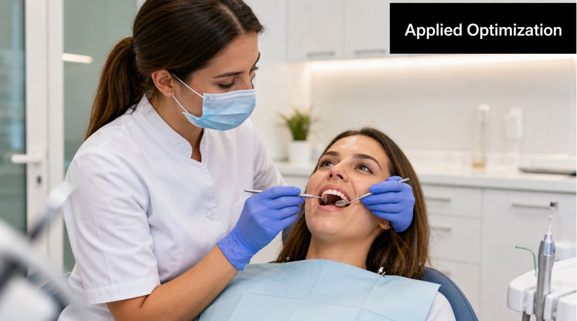 A dentist wearing a mask and blue gloves examines a patient's teeth in a clinical setting.