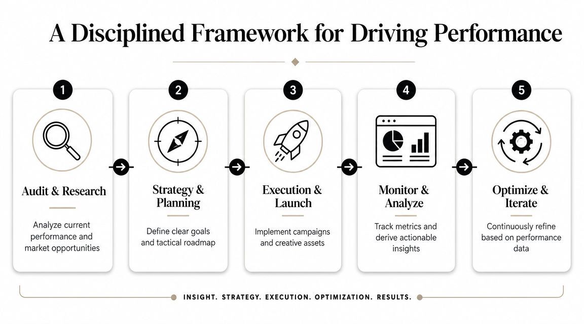 A five-step framework diagram for driving performance through audit, strategy, execution, analysis, and optimization.