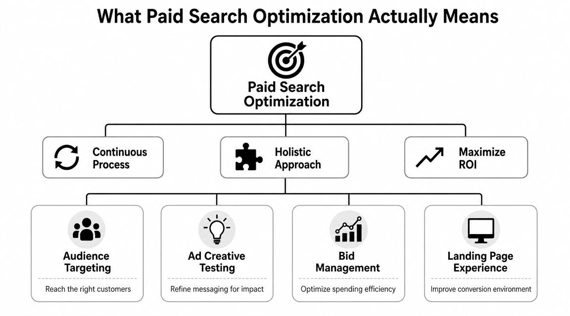 A diagram illustrating the core components and holistic strategy involved in effective paid search optimization for marketing.