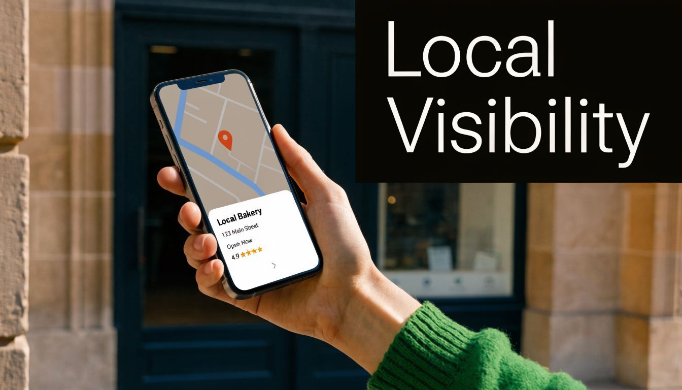 A hand holding a smartphone showing a local business listing map with a bakery store location.