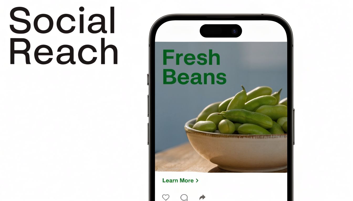 A smartphone screen displaying a social media advertisement featuring a bowl of fresh green beans.