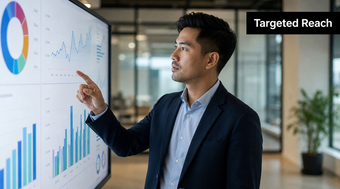 A professional man in a business suit analyzing data charts on a large digital screen.