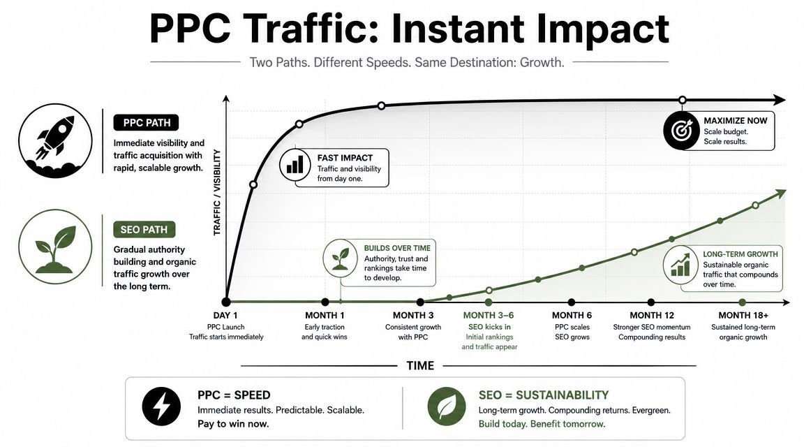 A graph comparing the speed and growth trajectories of PPC advertising versus long-term SEO strategies.