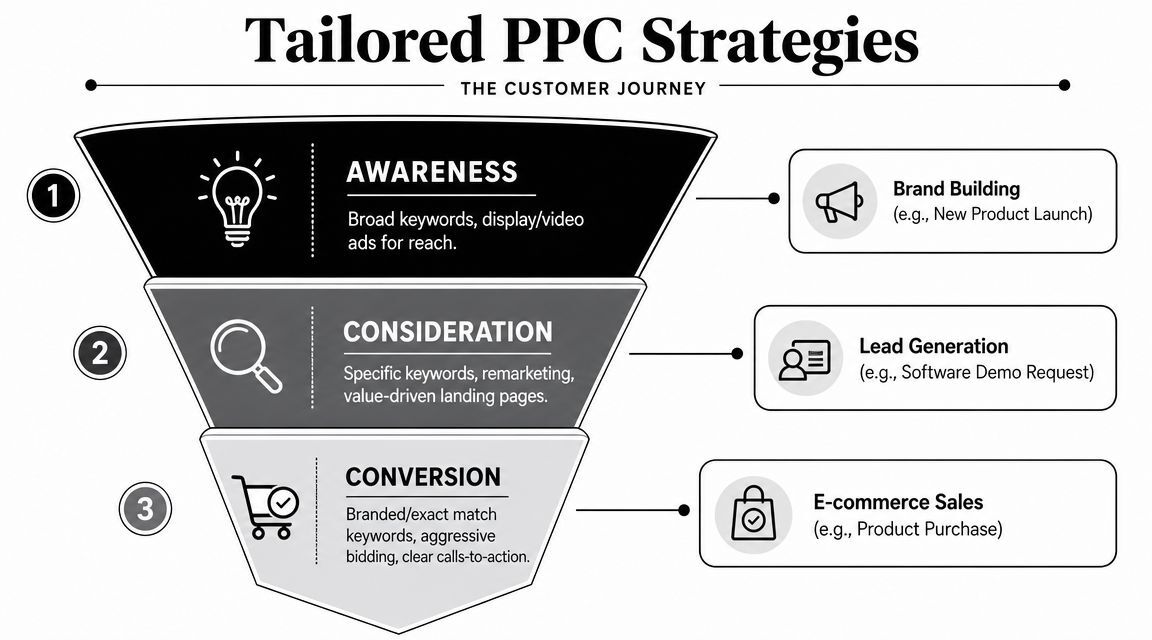 A funnel diagram illustrating tailored PPC strategies across the awareness, consideration, and conversion customer journey stages.