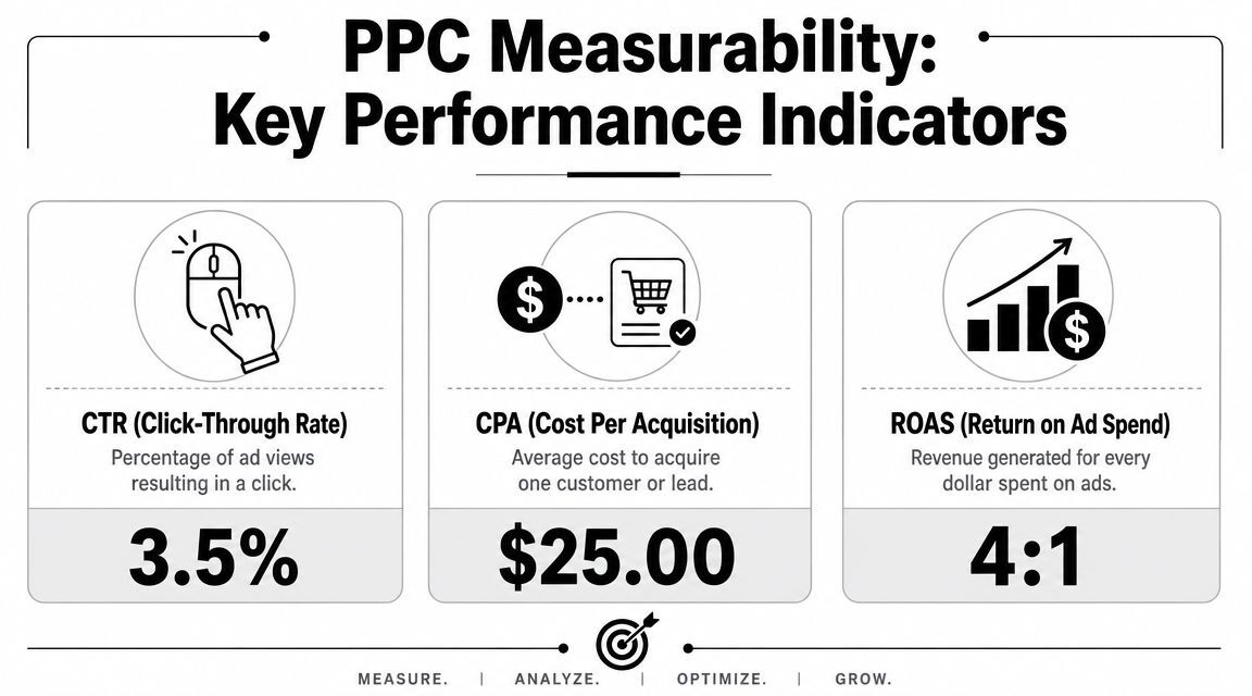 A graphic infographic displaying three key performance indicators for PPC advertising: CTR, CPA, and ROAS with example metrics.