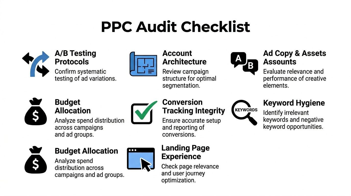 A visual PPC audit checklist infographic illustrating essential steps for managing and optimizing online advertising accounts.