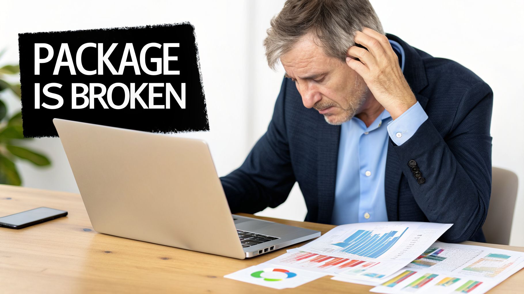 A stressed man looks at his laptop, displaying a 'PACKAGE IS BROKEN' sign, amidst work documents.