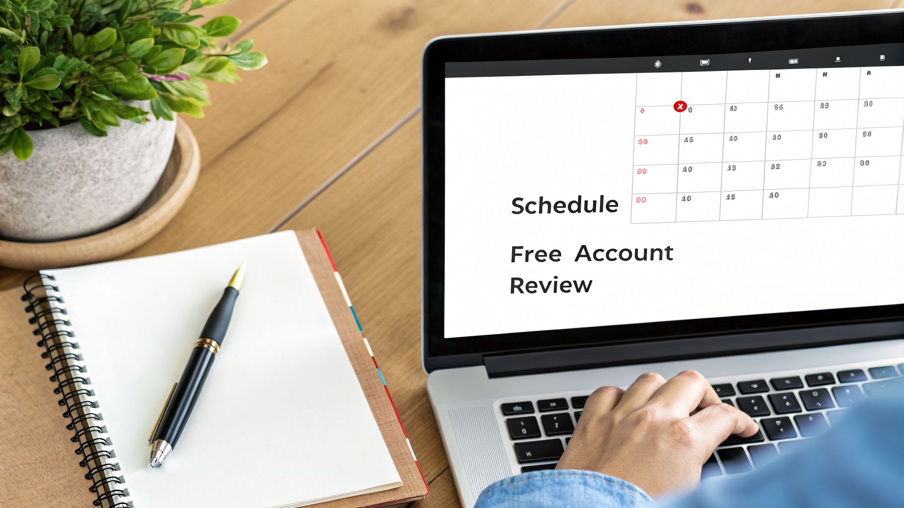 A person's hand types on a laptop screen displaying 'Schedule Free Account Review' and a calendar, beside a notebook.