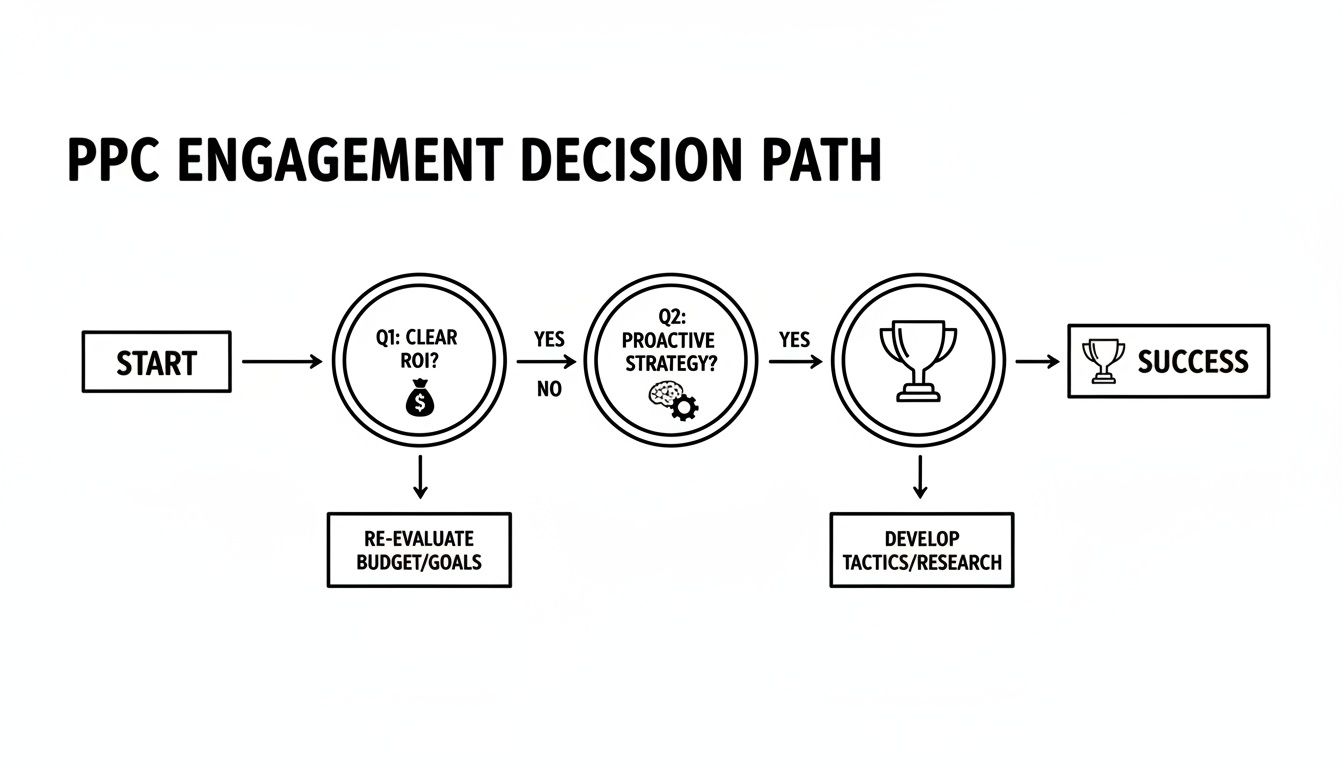Flowchart illustrating a PPC engagement decision path, considering ROI, strategy, and outcomes.