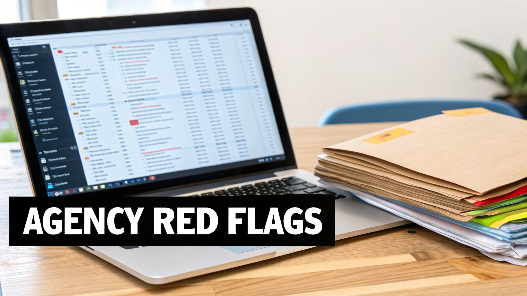A desk with a laptop showing data, stacked folders, and text "AGENCY RED FLAGS" indicating potential issues.