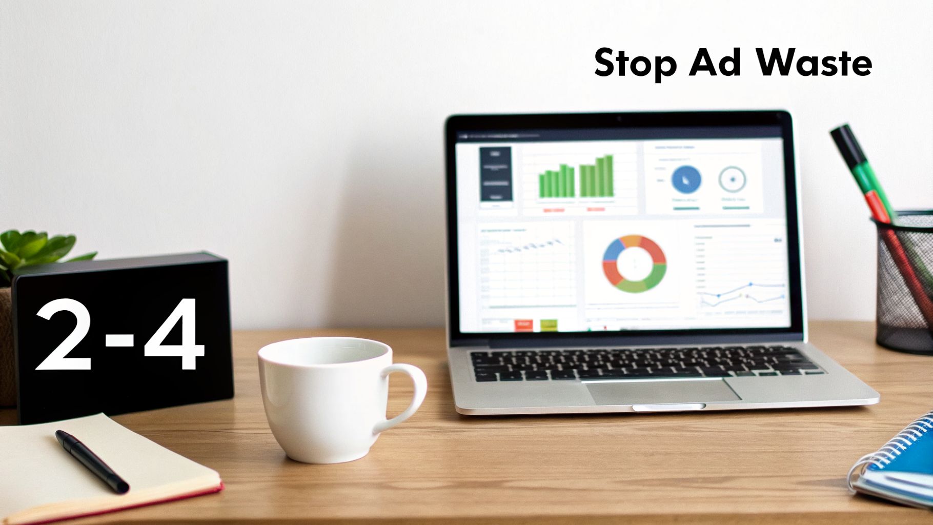 A laptop on a wooden desk displaying ad analytics, alongside a coffee cup, notebook, and 'Stop Ad Waste' text.