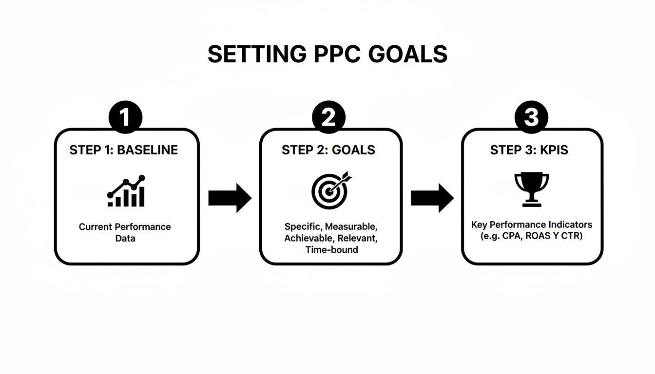 A flowchart showing three steps for setting PPC goals: baseline, goals, and KPIs.
