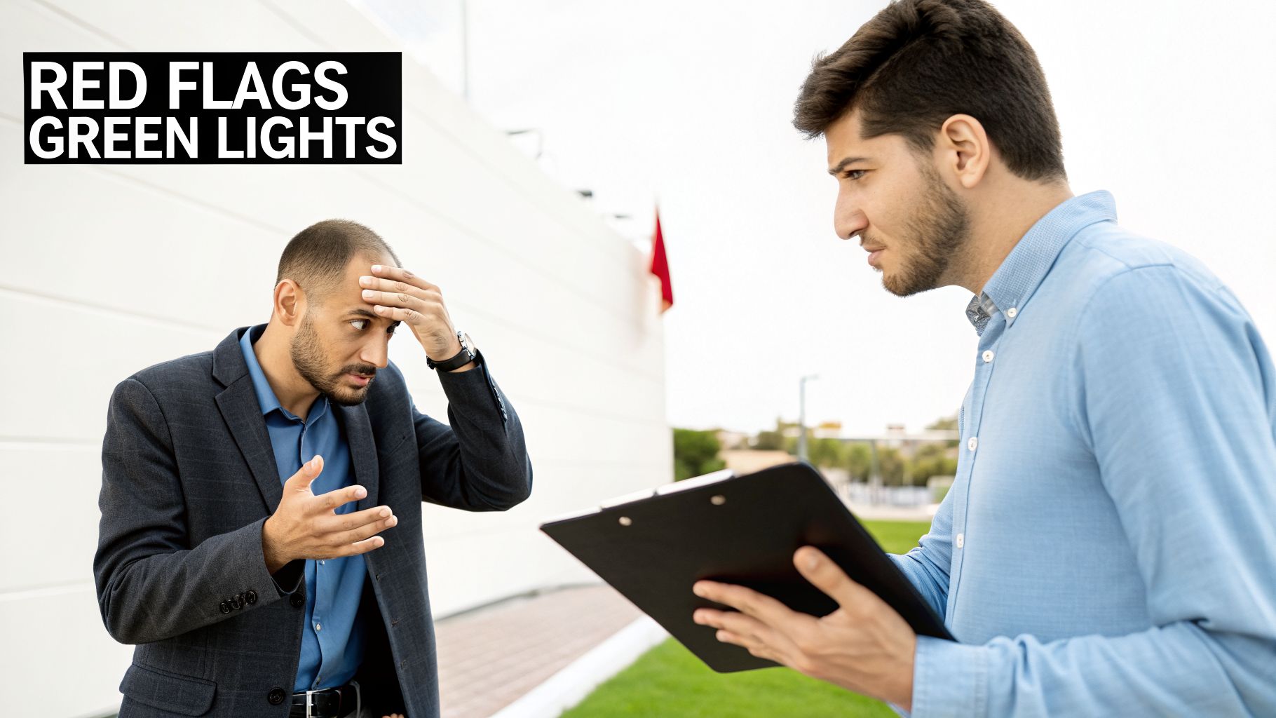 Two men discussing outdoors, one appears distressed holding his head, while the other holds a clipboard.