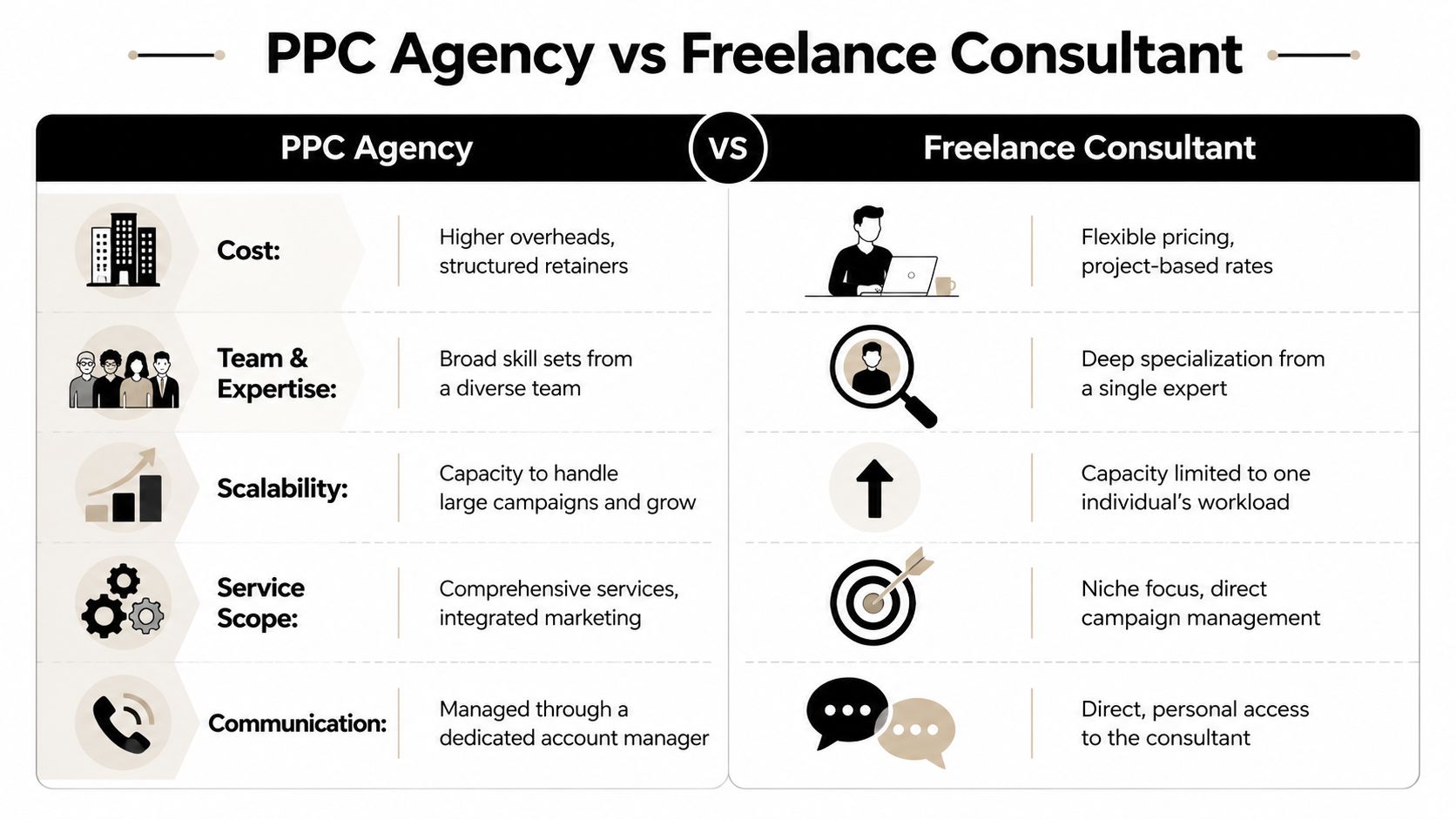 A comparison chart outlining the key differences between hiring a PPC agency versus a freelance consultant.