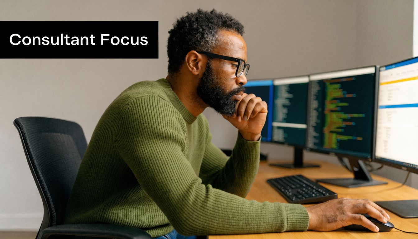 A focused consultant with a beard and glasses working on computer monitors in an office.