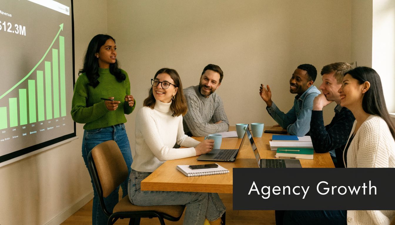 A diverse team of professionals collaboratively discussing business growth strategies in a modern office meeting room setting.