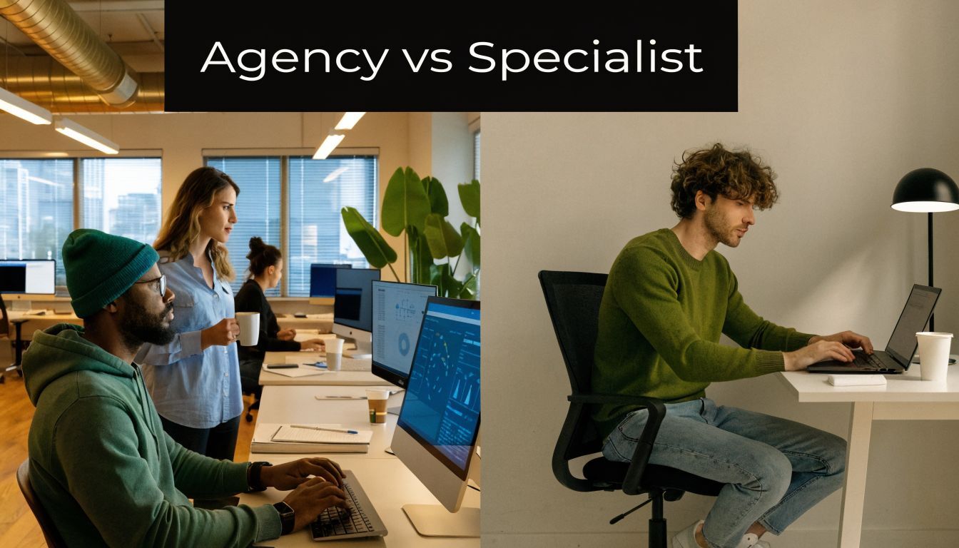 A split image contrasting an agency team working in an office with a freelance specialist working remotely.