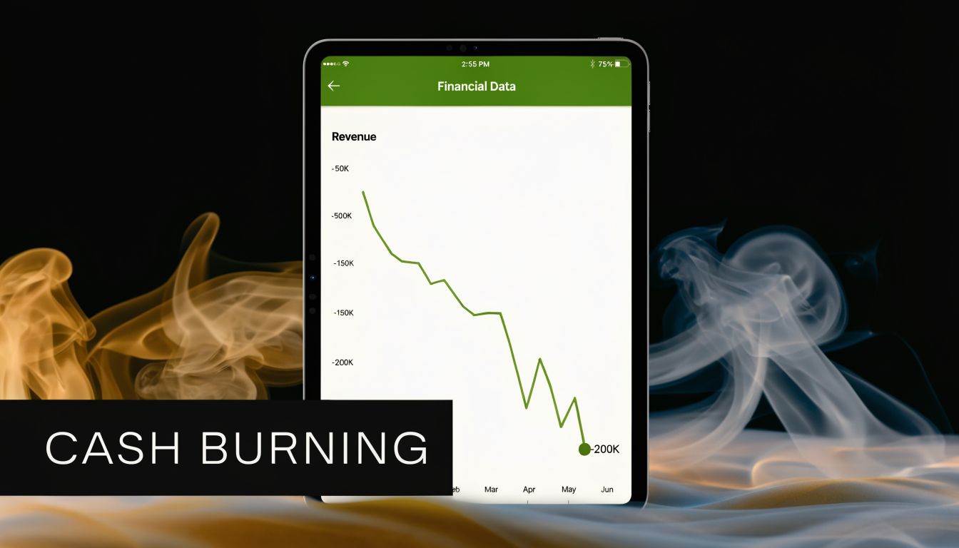 A digital tablet displaying a downward trending financial chart illustrating significant cash burning for a business.
