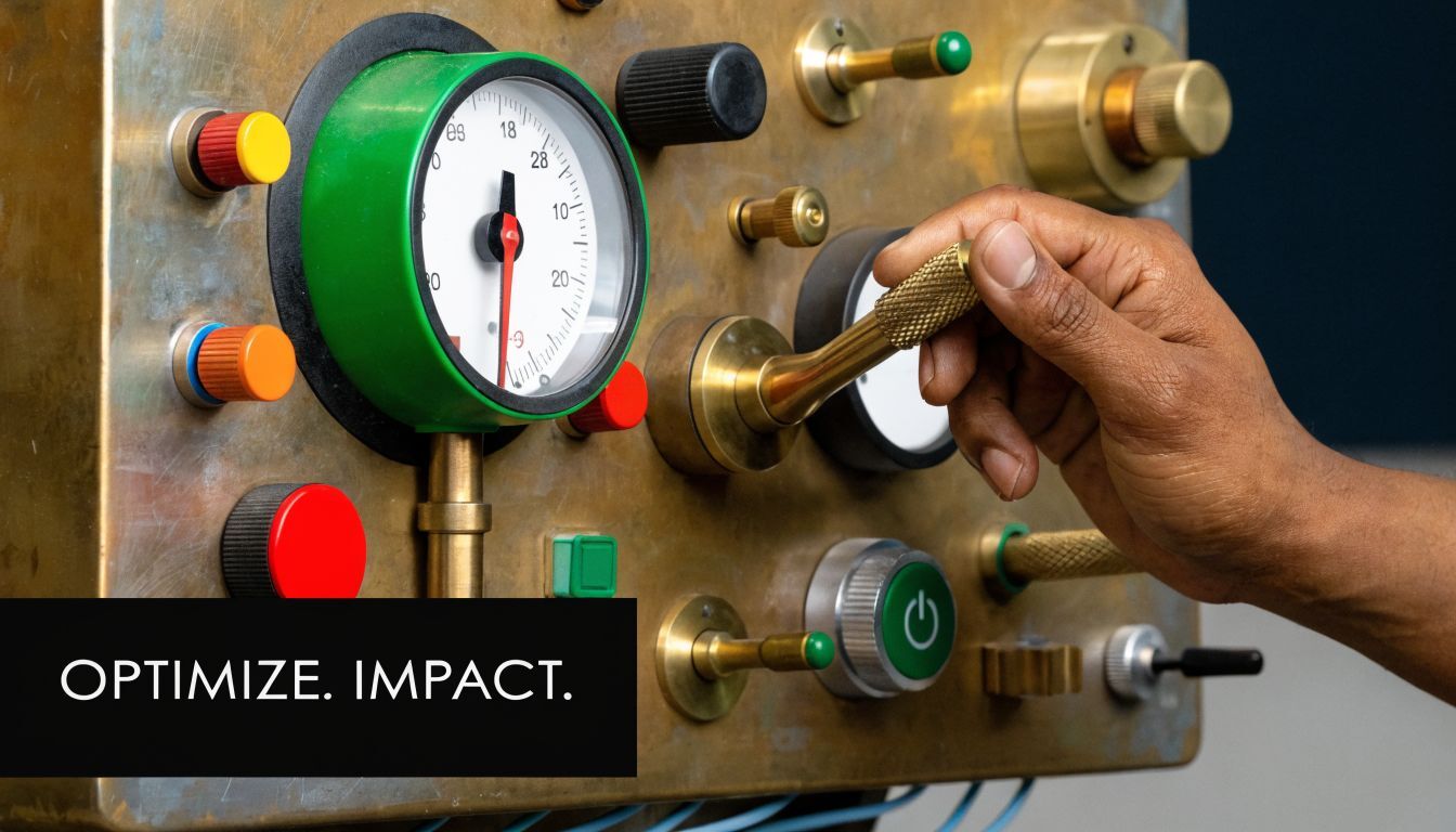 A close-up of a person's hand adjusting a brass control lever on a mechanical control panel console.