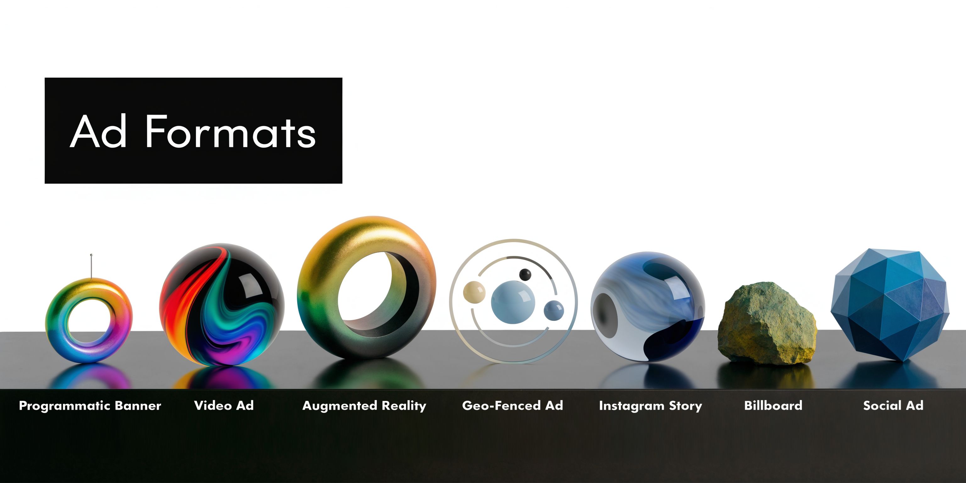 A graphic design composition featuring seven unique 3D shapes representing various digital and physical advertising formats.