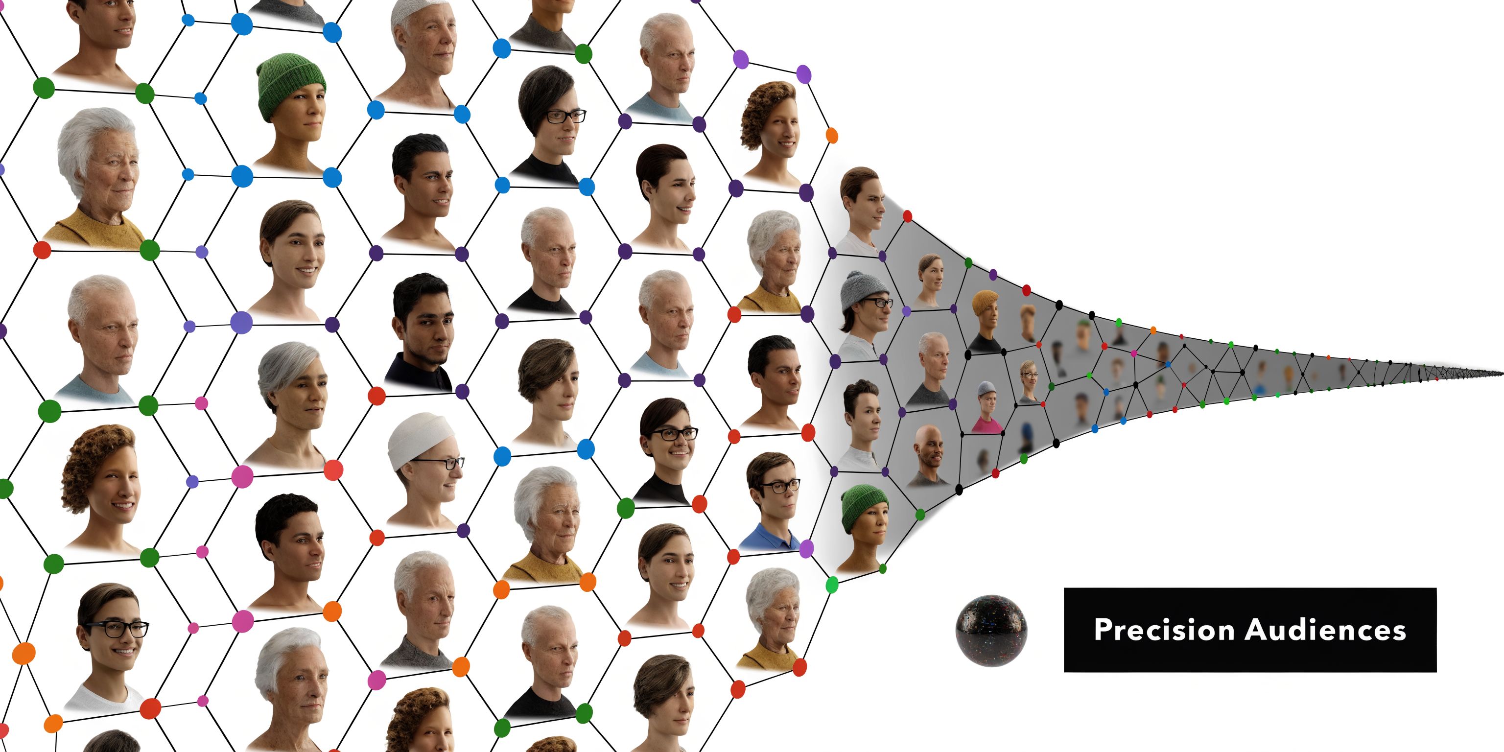 A conceptual graphic illustrating audience targeting with portraits arranged in a narrowing network funnel structure.