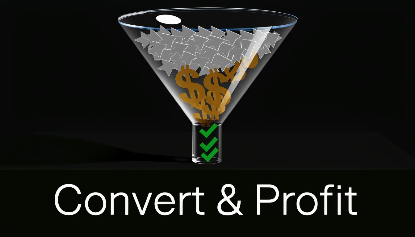 A glass funnel filtering arrows and dollar signs into green checkmarks with text reading Convert and Profit.