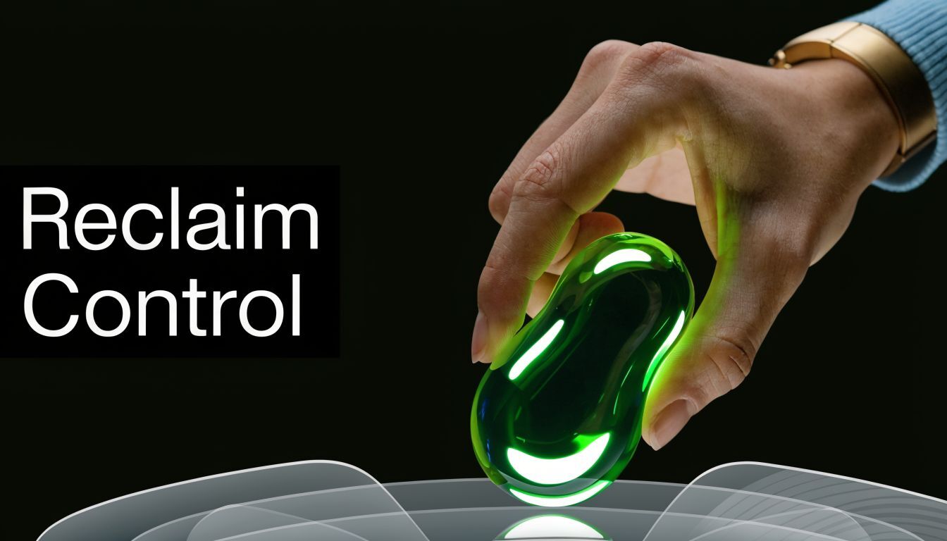 A hand holding a glowing green gem over a dark surface with the text Reclaim Control visible.
