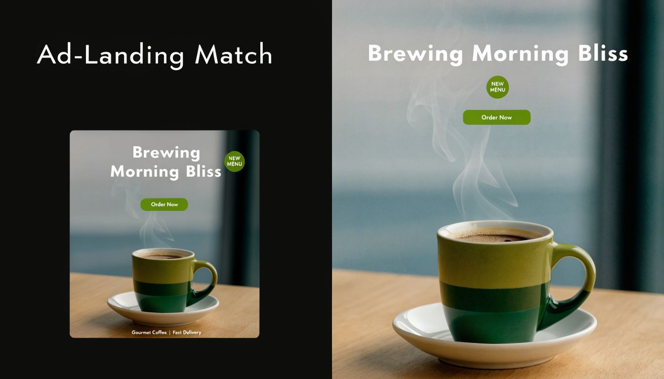 A split screen comparing a square coffee advertisement with its corresponding full-size website landing page design.