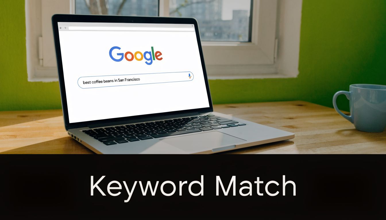 A laptop on a desk showing the Google search engine homepage with a coffee bean search query.
