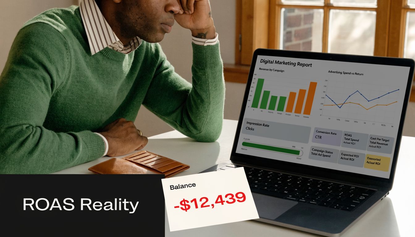 A concerned business owner looking at a laptop showing negative digital marketing campaign performance and financial loss.