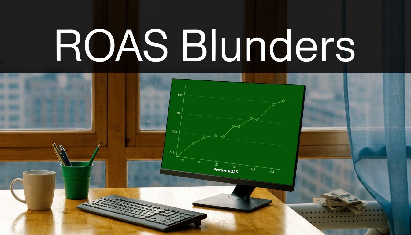 A professional desk setup with a computer screen displaying a rising line graph titled Positive ROAS.