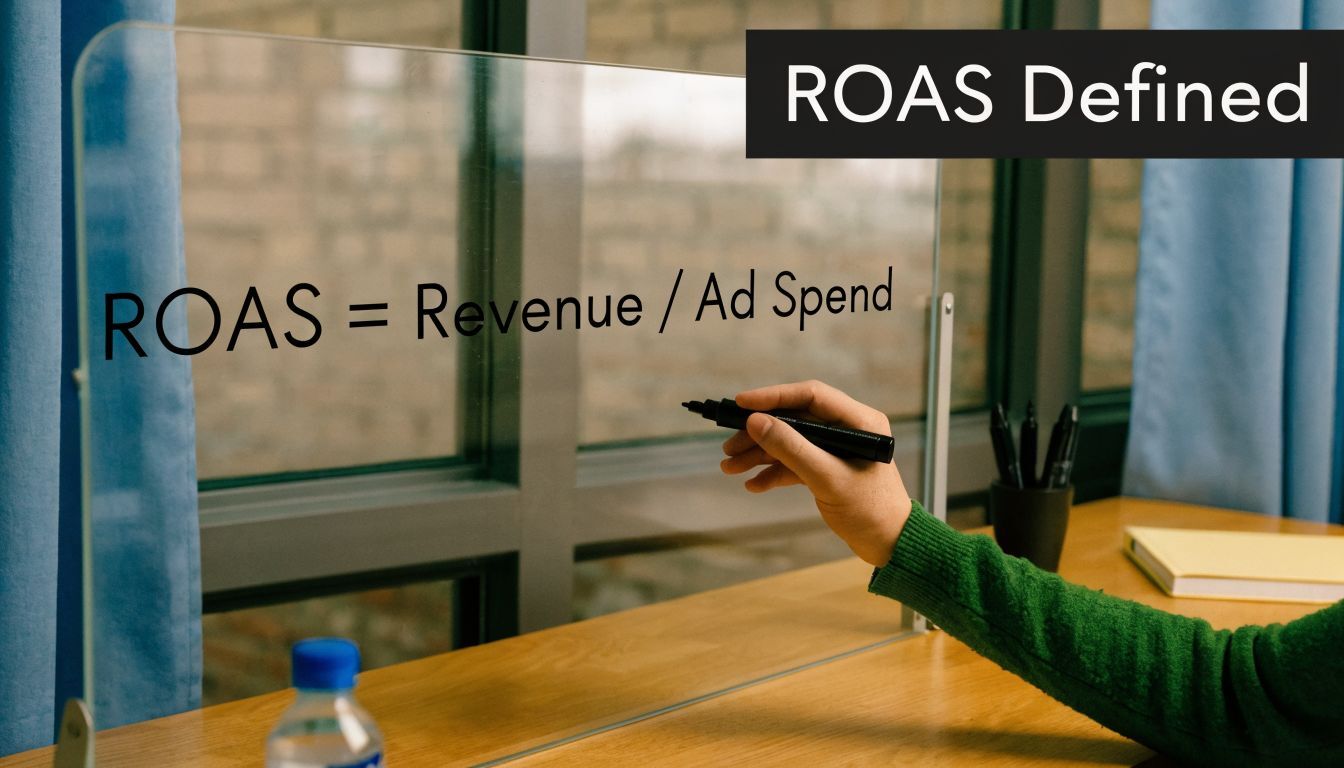 A person writing the formula for ROAS on a transparent glass board in an office setting.