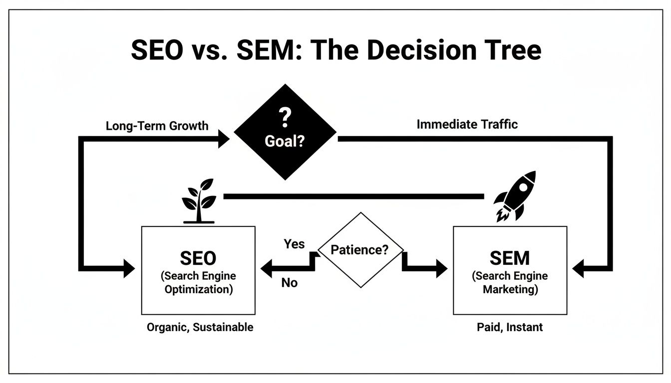 Decision tree illustrating when to choose SEO for long-term growth or SEM for immediate traffic.