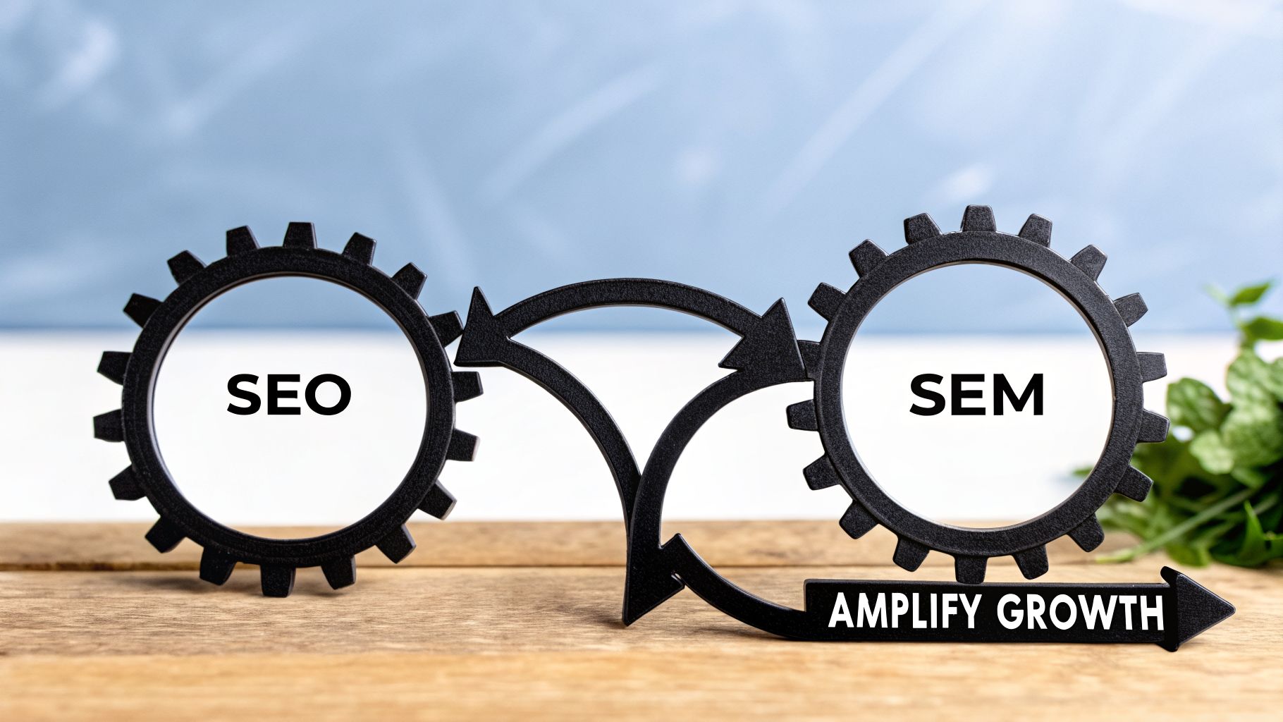 Black gears labeled SEO and SEM, connected by arrows, pointing to an 'Amplify Growth' sign.