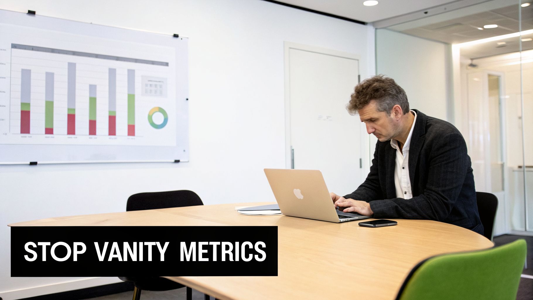 A man works diligently on his laptop in an office, with performance charts on a whiteboard.