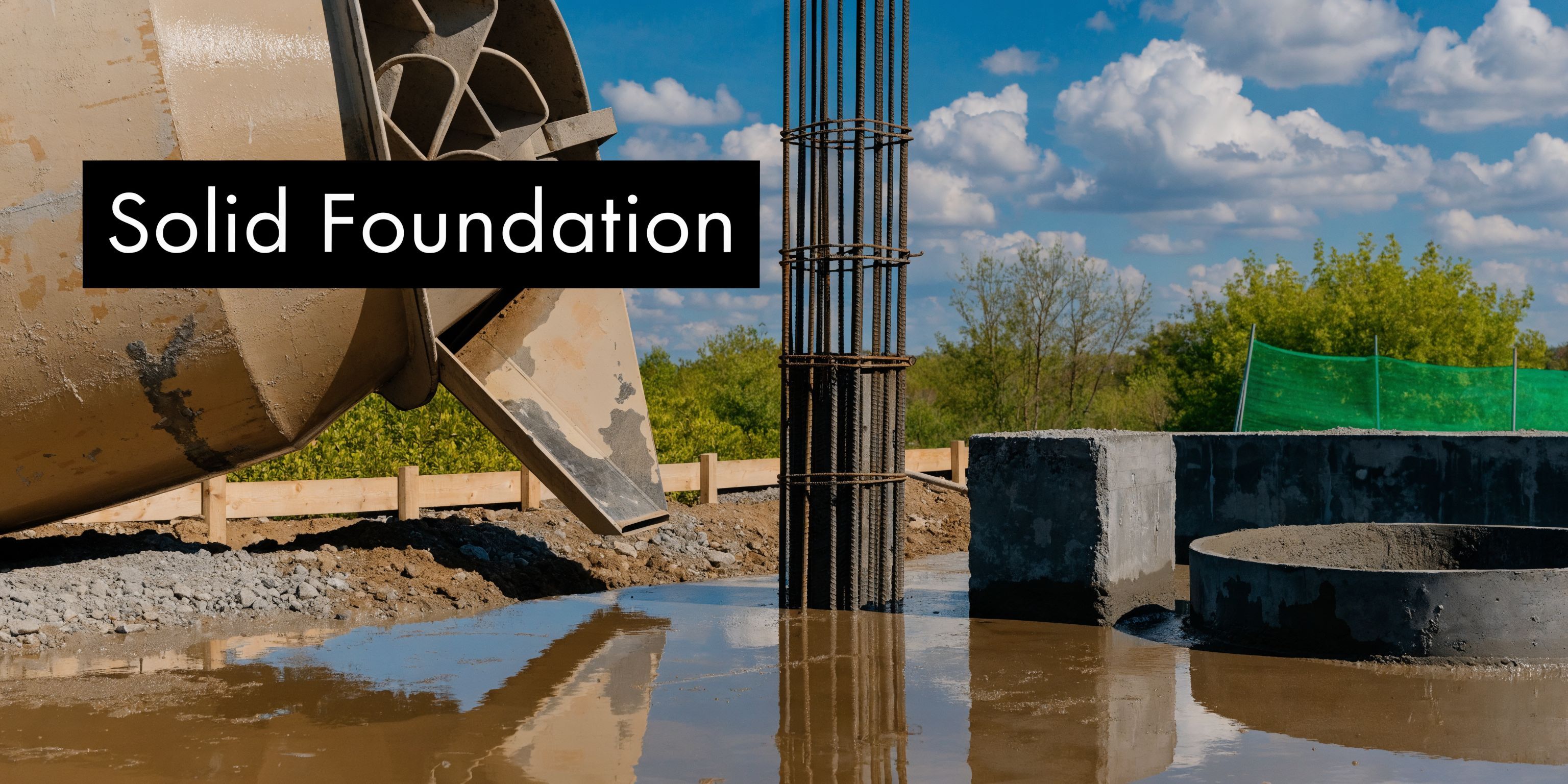 A construction site showing a concrete mixer, metal rebar structures, and poured wet foundation concrete ground.