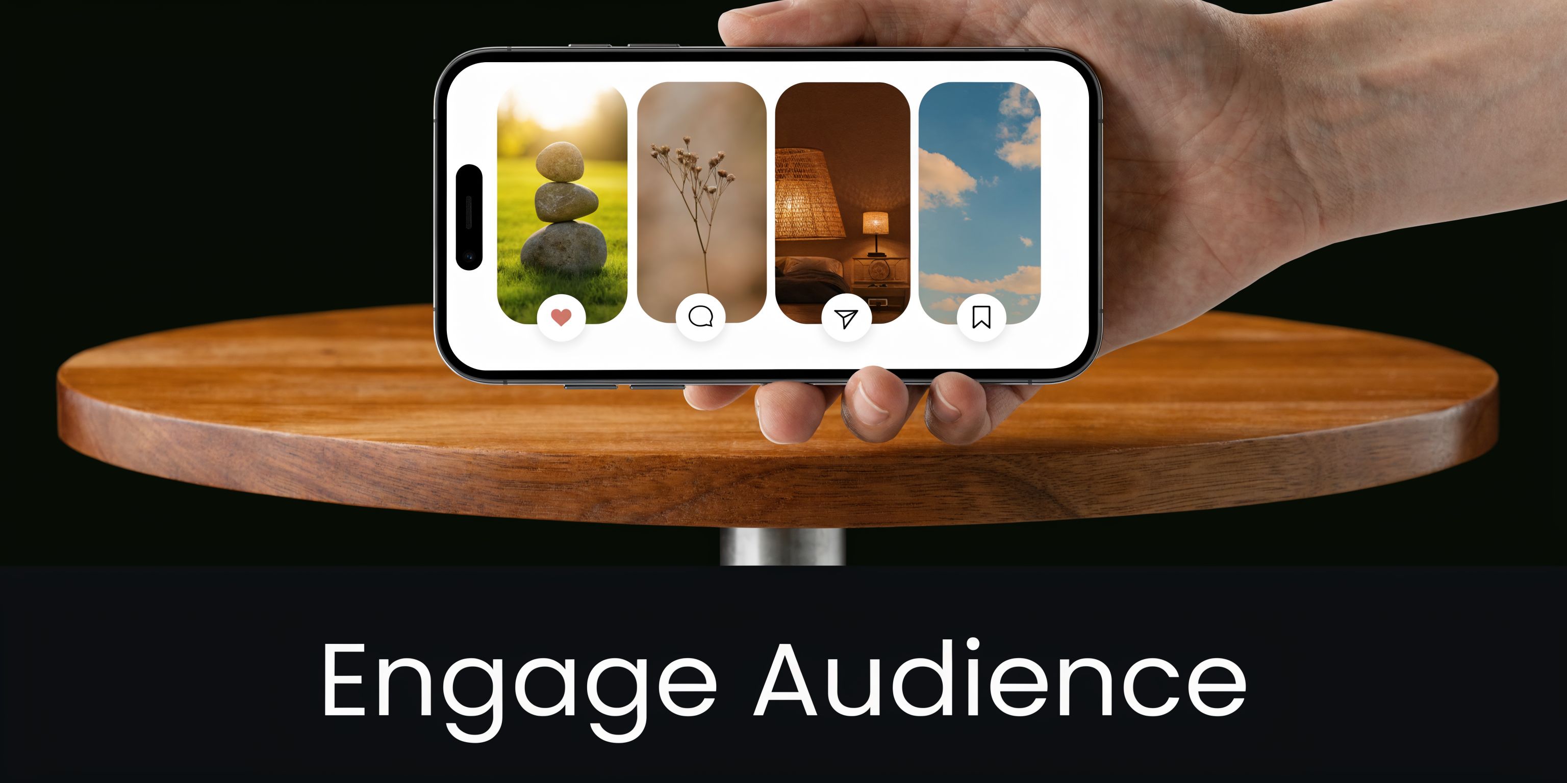 A hand holding a smartphone displaying social media post options for audience engagement and interaction.