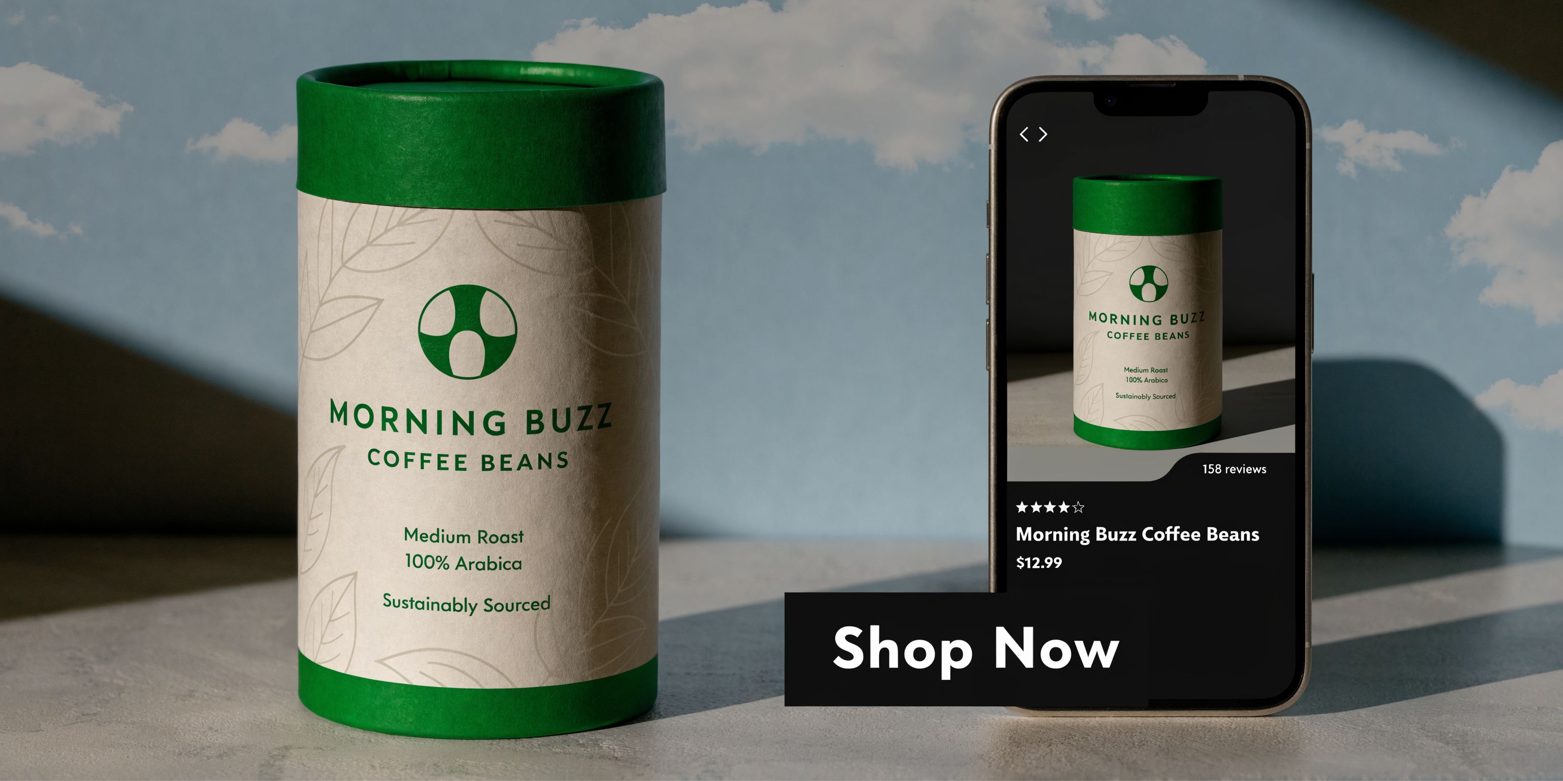A coffee canister beside a smartphone displaying an online store product page for Morning Buzz coffee beans.