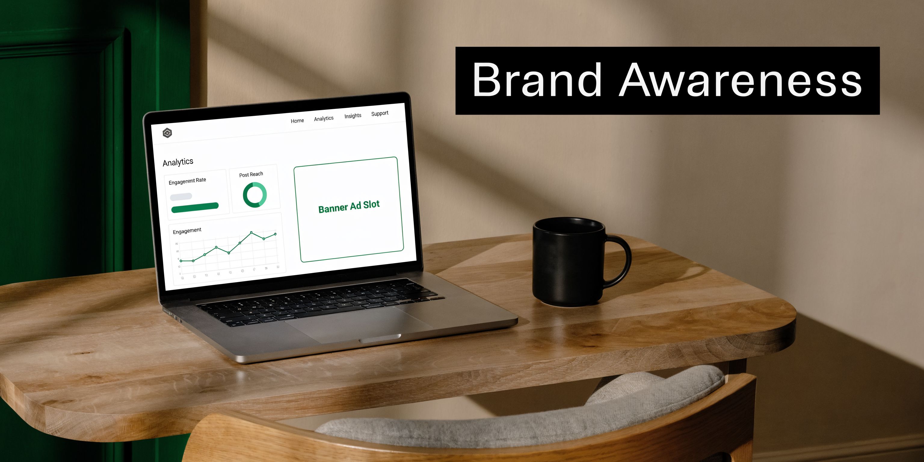 A laptop on a wooden desk displaying marketing analytics dashboard alongside a black coffee mug.