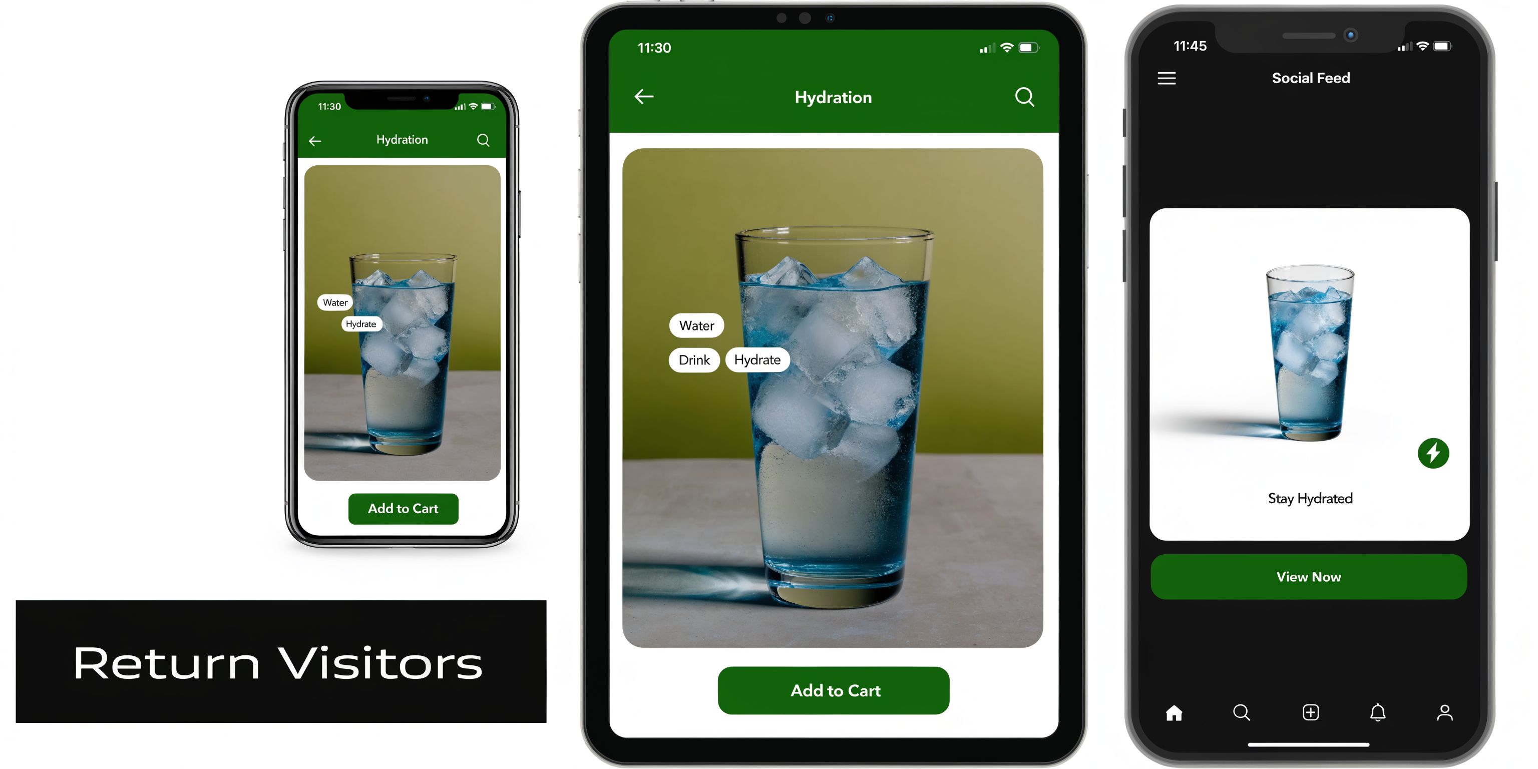 A mobile interface design displaying different digital advertising layout options for e-commerce hydration products on smartphones.