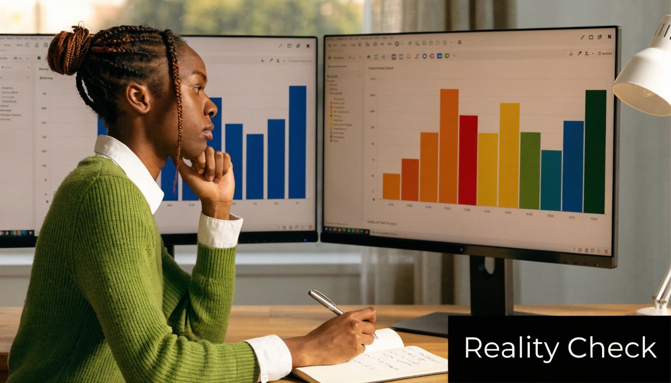 A focused woman analyzing colorful bar charts on dual monitors while taking notes in a journal.