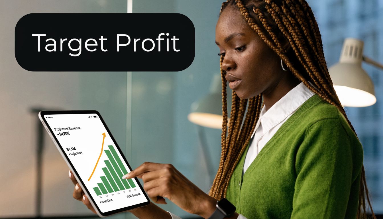 A professional woman in a green sweater reviewing financial revenue growth projections on a digital tablet.