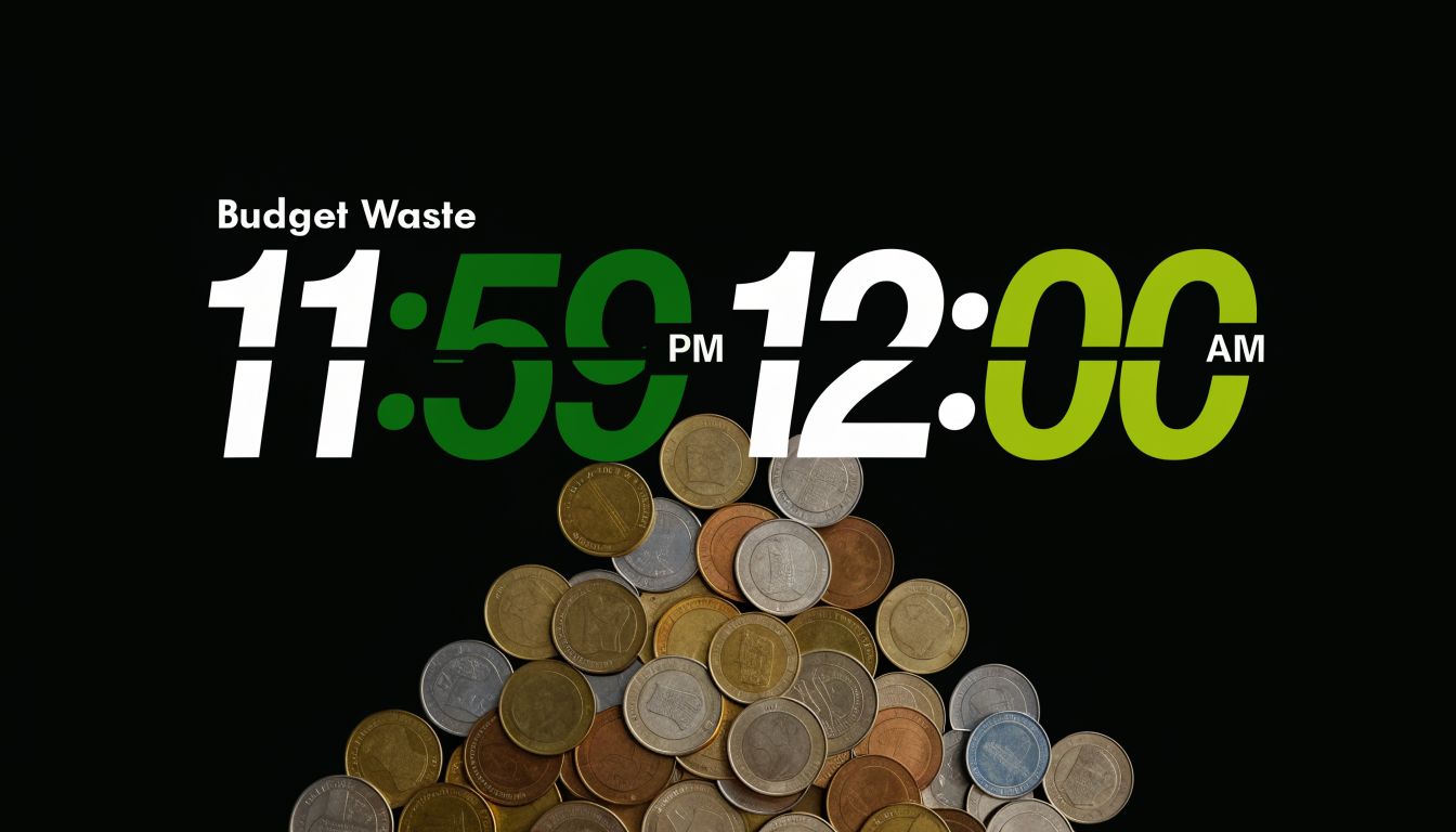 A digital clock showing midnight with a pile of coins representing the concept of budget waste.